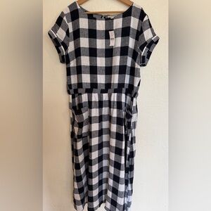 Loft Women’s Dress Navy Blue & White Gingham Plaid Linen Blend Midi